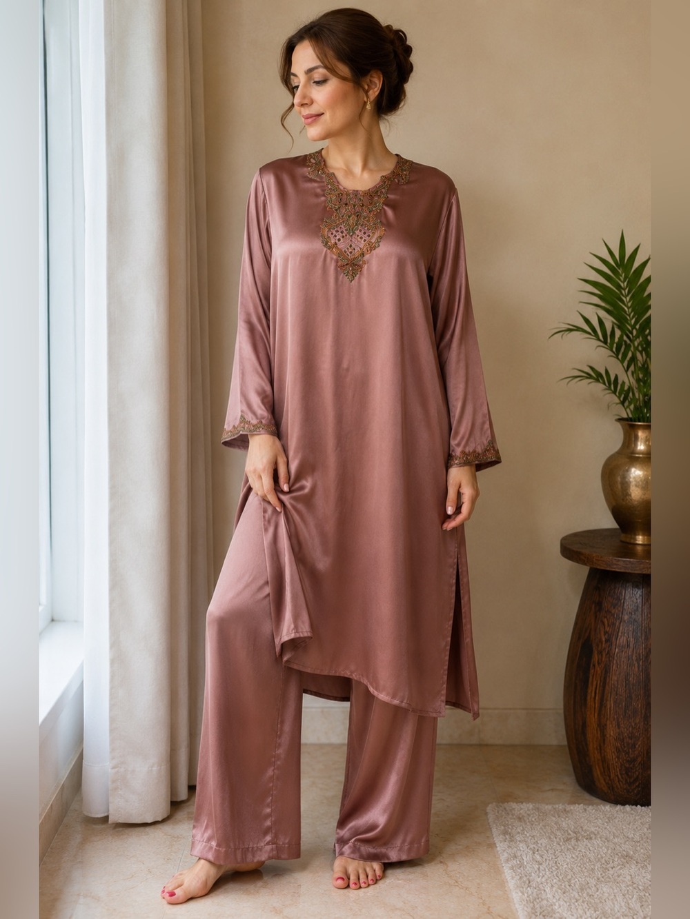 Vintage Hand-Beaded Satin Salwar Kameez Set (2-Piece)